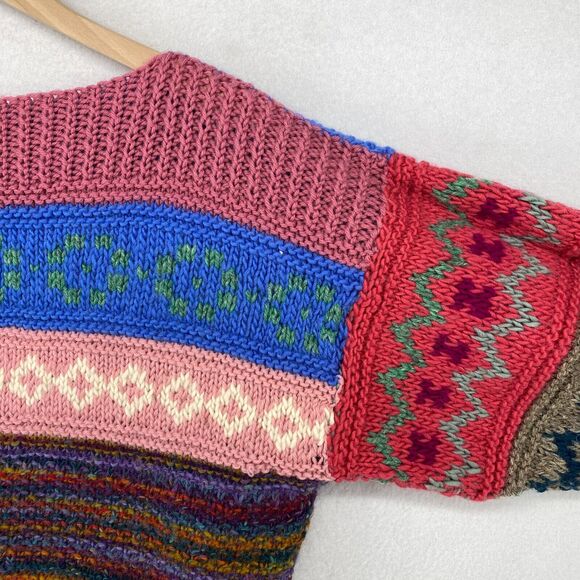 HAND KNIT Sweater Womens M Nordic Striped Jacquard Chunky Jumper Boxy Pink Blue - Picture 5 of 14